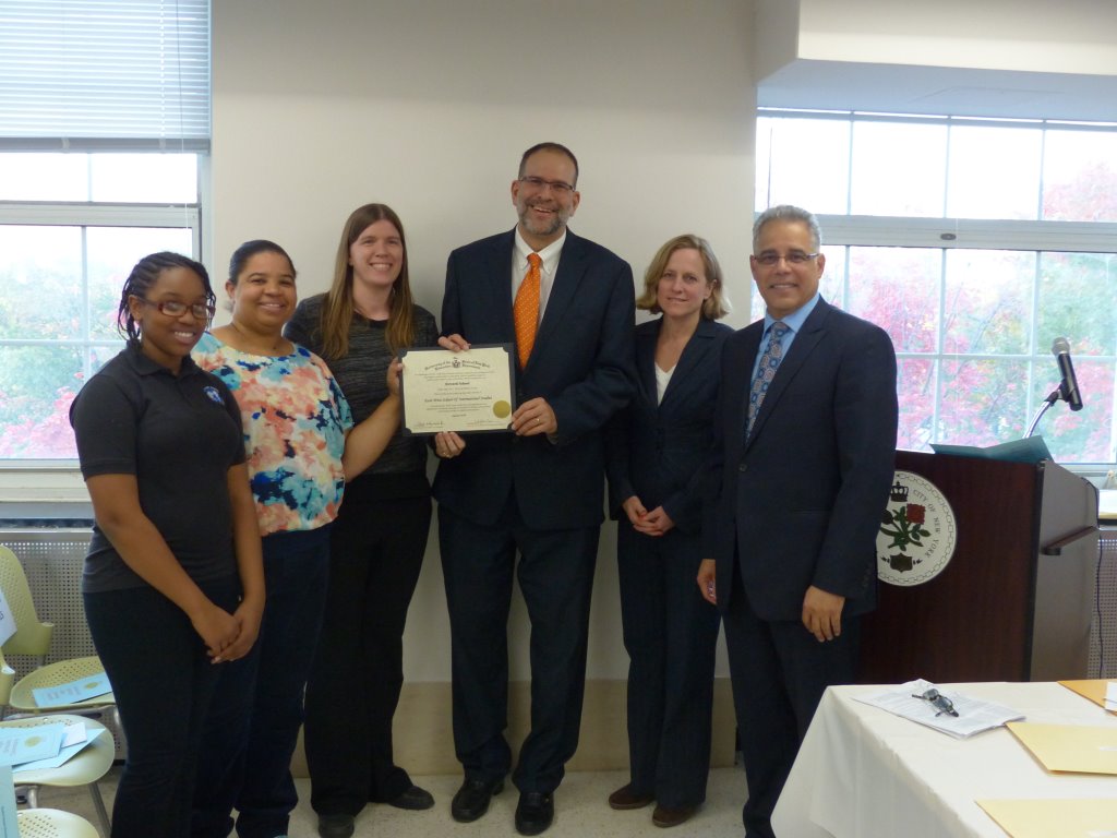From L to R: E. Gray, 8th Grade Student; S. Tillett, PTA Co-President; G. Nicodemi, UFT Chapter Chair; B. Sherman, Principal; Melinda Katz, Queens Borough President; Juan Mendez, Queens HS Superintendent