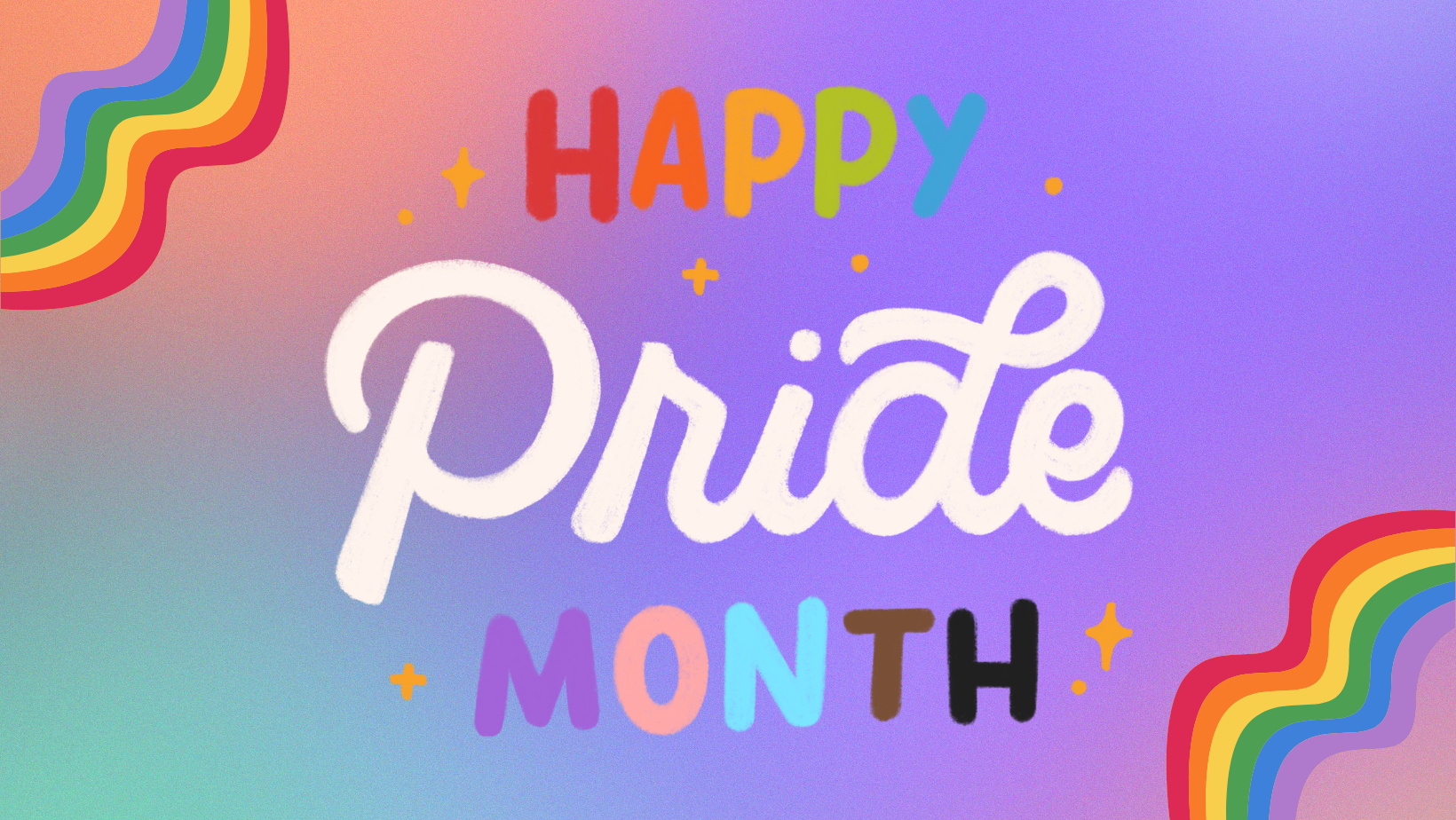 Happy Pride Month over a background of LGBTQ+ colors